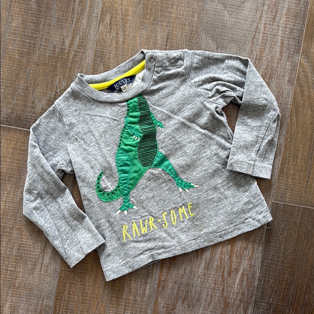 JOULES Infant T-Rex Rawr-Some Applique Llng Sleeve Top (Size 12-18mo)
